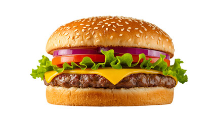 Delicious cheeseburger with fresh ingredients including lettuce tomato and onion isolated on a white background perfect for restaurant menus and food blogs