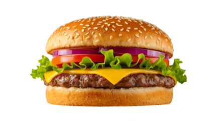 Delicious cheeseburger with fresh ingredients including lettuce tomato and onion isolated on a white background perfect for restaurant menus and food blogs