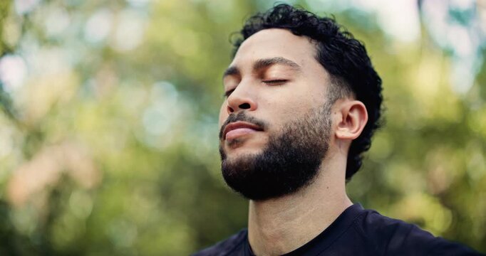 Thinking, hiking and man in woods, breathing and daydreaming with fitness, explore and countryside. Happy, hiker or healthy person in forest, calm and adventure with eco tourism, break and trekking