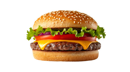 Delicious cheeseburger with fresh ingredients including lettuce tomato and onion isolated on a white background perfect for food blogs and restaurant menus