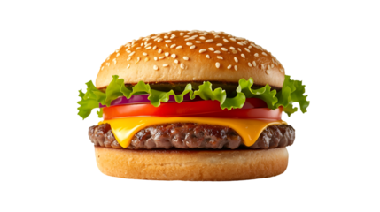Delicious cheeseburger with fresh ingredients including lettuce tomato and onion isolated on a white background perfect for food blogs and restaurant menus