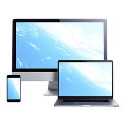 Devices display with a blue sky phone, laptop, and monitor