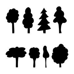 Collection of diverse black silhouette tree shapes on white background