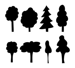 Collection of diverse black tree silhouettes on white background