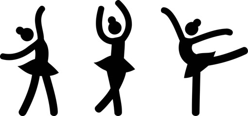 Three stylized ballet dancers in graceful poses on white background