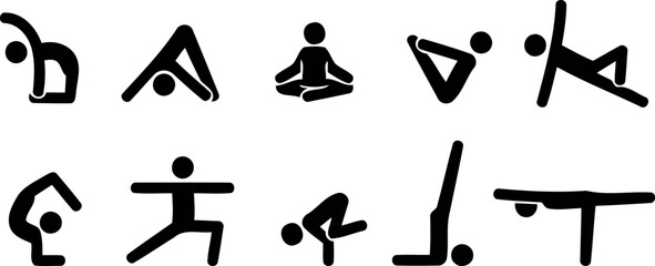 Collection of stylized yoga poses in black brush stroke art