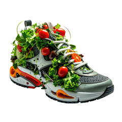 Shoe filled with salad, tomatoes, and lettuce. Creative food concept