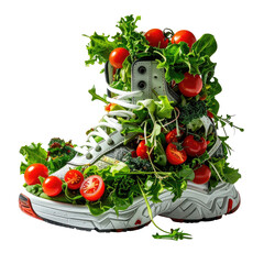 Sneaker filled with fresh salad, tomatoes, and leafy greens on black