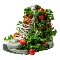 Sneaker filled with fresh greens and tomatoes, a surreal food art