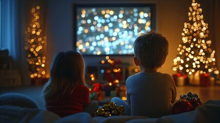 Children watching Christmas movie on sofa with decorated trees in background  