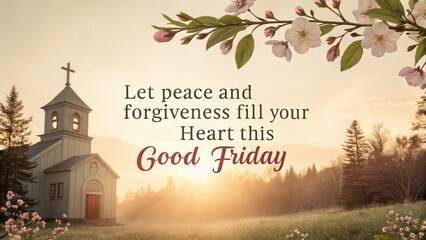 Experience profound peace and forgiveness this Good Friday with this serene scene of a church bathed in golden sunrise light surrounded by blooming nature