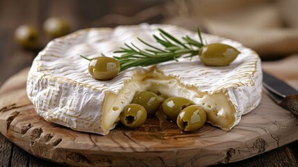 Elegant still life featuring brie cheese, green olives, rosemary, and a cheese knife on a board