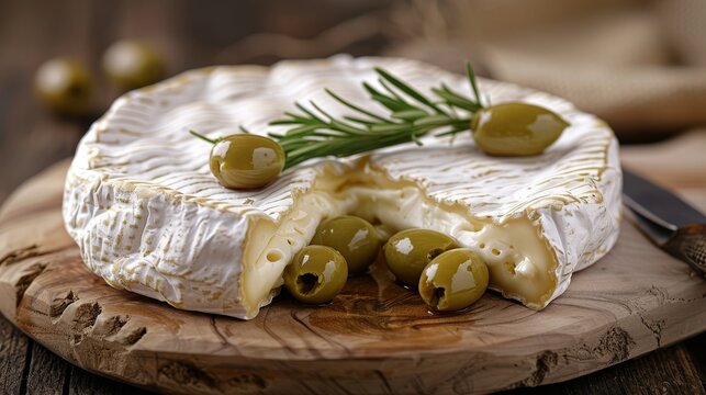 Elegant still life featuring brie cheese, green olives, rosemary, and a cheese knife on a board