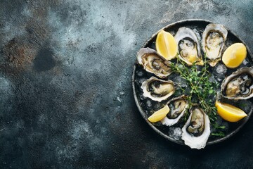 A delicious dozen of fresh oysters on ice, elegantly arranged on a dark plate, accompanied by lemon wedges and aromatic herbs. A culinary delight and gourmet experience.