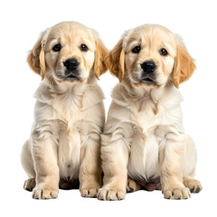 Two fluffy puppies sit, adorable and furry, in this portrait