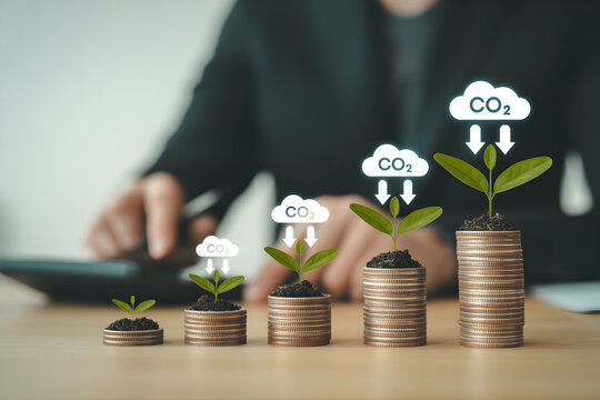 Sustainable investment concept showing plant growth on stacked coins with co2 reduction representing environmental finance and green economy for a better future and responsible investing