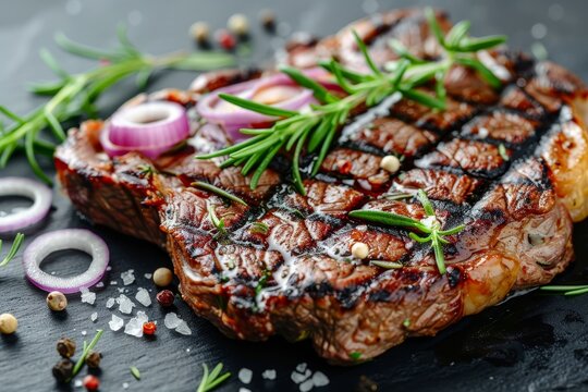 Savory close up of tender beef with rosemary and red onion rings for menu marketing appeal