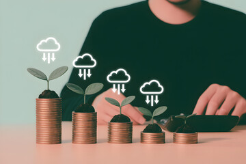 Stacks of coins with sprouts represent financial growth and investment strategy with rain cloud icons symbolizing returns and prosperity illustrating wealth accumulation and business success investmen