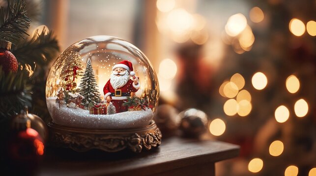 Christmas snow globe featuring Santa Claus with decorated tree  