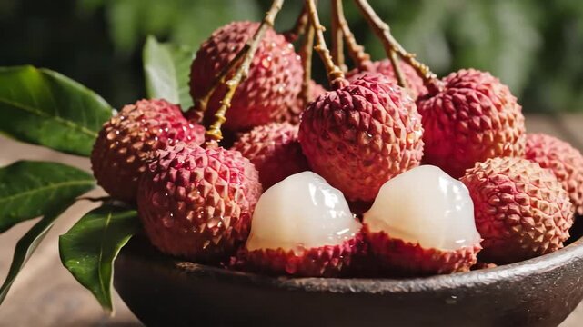Fresh Ripe Lychee Fruits in a Bowl with Green Leaves.