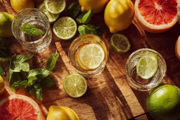 Refreshing citrus infused water with fresh lemons, limes and grapefruit on wooden surface, adding mint leaves for a zesty and hydrating summer beverage option.