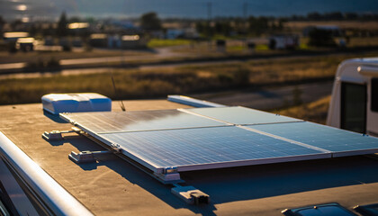 Renewable energy source solar panels installed on the roof of a recreational vehicle, harnessing the sun's power for off-grid living