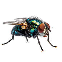 Iridescent fly, closeup. Compound eyes and spindly legs displayed