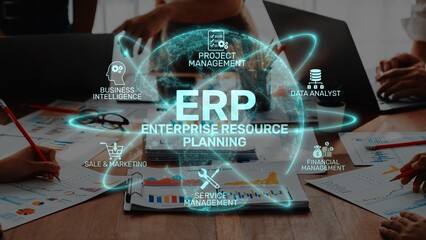 A collaborative business meeting centered around enterprise resource planning with a focus on data analysis, project management, and strategic planning. Raster