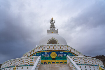 Leh, India - September 11, 2024: Famous Shanti Stupa located on a hilltop overlooking Leh
