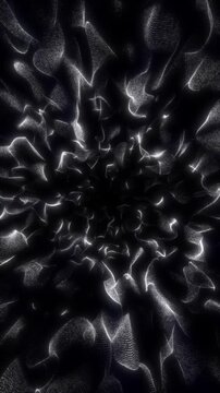 Fractal monochrome energy loop with swirling light threads and soft flowing motion. High-contrast abstract vortex animation with elegant futuristic texture.