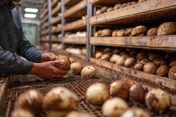 A skilled farmer inspecting freshly harvested mushrooms in a mushroom farm, ensuring the quality of the crop before packaging for distribution and consumption.