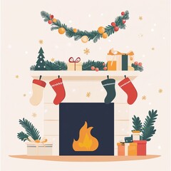 Cozy Christmas fireplace with stockings and holiday decorations  