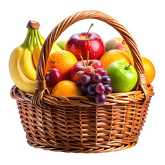 Wicker basket overflowing with colorful fruits against a dark background