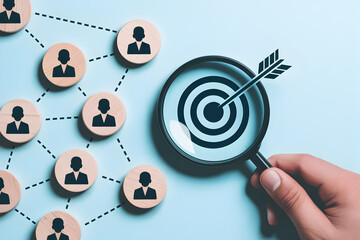 Hand holding magnifying glass focusing on target with arrow representing business goals team connections and strategic planning for success in achieving objectives and identifying key talent