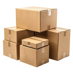 Stacked, sealed, corrugated cardboard boxes on a black background