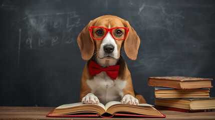 Cute beagle dog wearing glasses and red bow tie reading book in classroom, funny smart puppy study concept, adorable dog in school setting for education themes