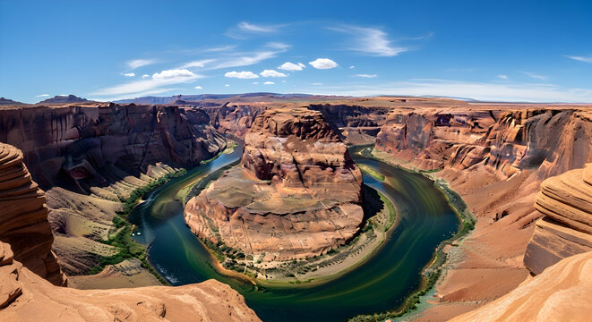 Stunning Horseshoe Bend panorama with the vibrant Colorado River winding through dramatic red rock canyons under a clear blue sky, perfect for travel and adventure themes. - Powered by Adobe