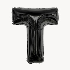 Black T letter, foil balloon isolated, alphabet design