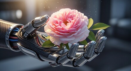 Robotic Hand Nurturing Delicate Rose, Future Concept