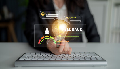 A system for collecting customer feedback and measuring service quality. A dashboard with user reviews, ratings, and a satisfaction meter. Motif