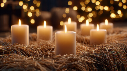 Burning wax candles on straw in a cattle barn in Bethlehem.