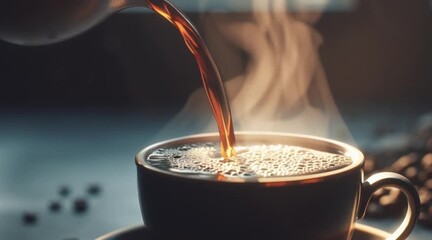 Pouring rich, aromatic coffee into a cup with steam rising, creating a cozy and inviting morning ritual, perfect for lifestyle and food blogs