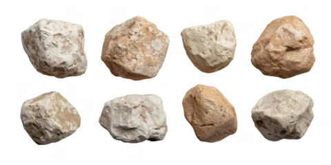 Collection of eight rocks in various shades of beige isolated on transparent background