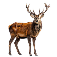 Majestic red deer with large antlers standing against a dark background