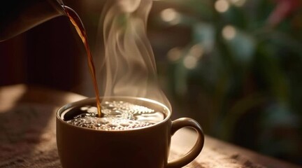 Pouring a steaming cup of fresh brewed coffee for a relaxing morning ritual, perfect for lifestyle, food, or beverage promotions