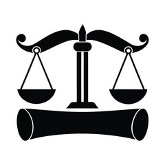 Scales of Justice on Law Scroll silhouette vector icon, flat design