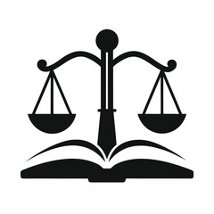 Scales of Justice on Open Law Book silhouette vector icon, flat design