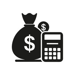 Money bag with dollar sign and calculator silhouette icon on white background
