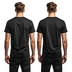 Two men in black tees, back view, isolated, standing side by side
