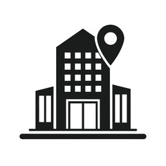 Black silhouette city building with map pin location marker flat vector icon